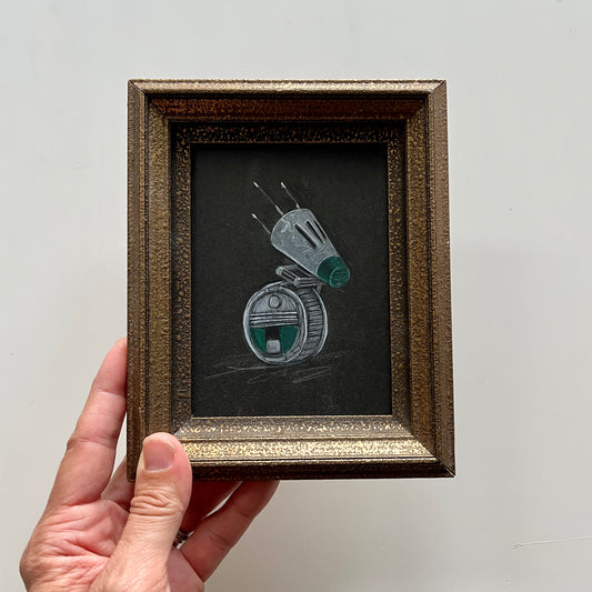 Portrait of a Droid : D-O,  pencil drawing on antique paper, in vintage frame