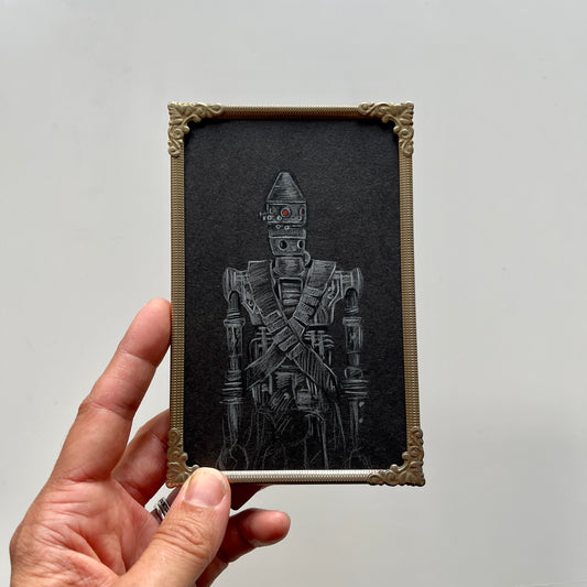 Portrait of a Droid : IG-11,  pencil drawing on antique paper, in vintage frame