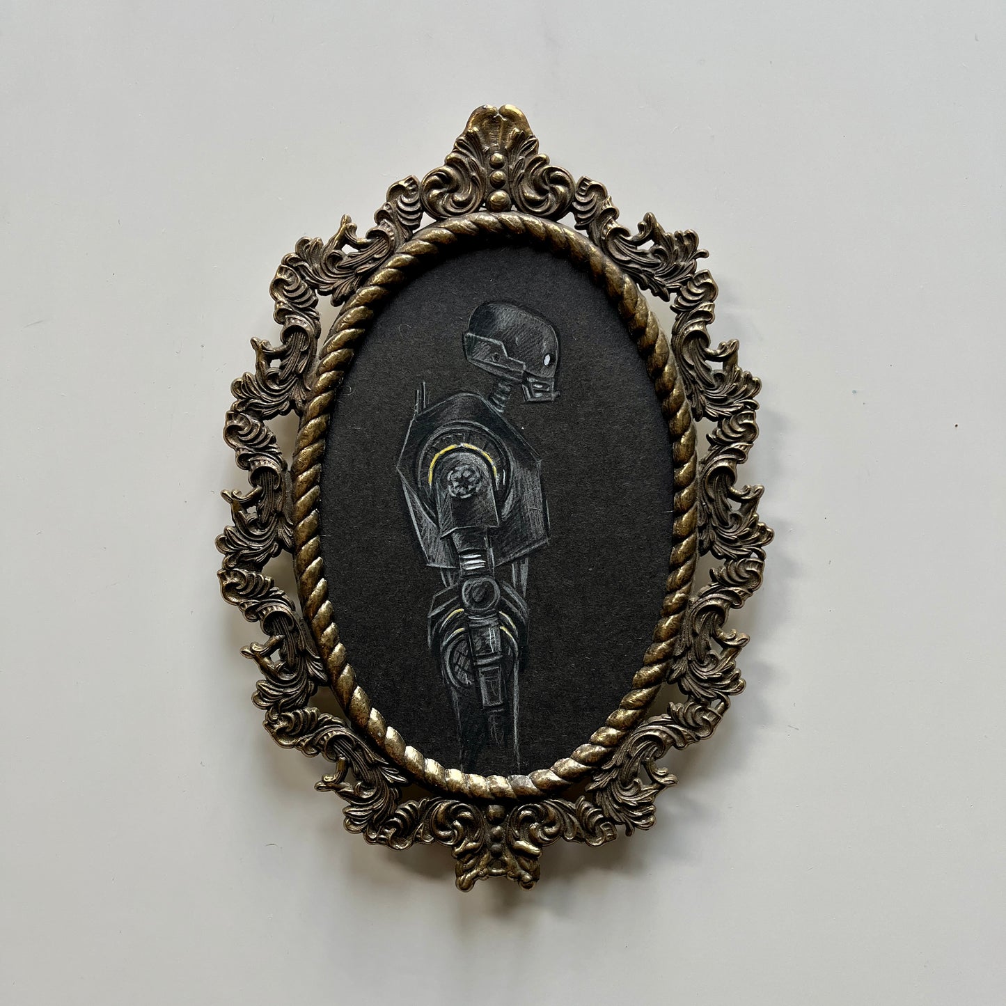 Portrait of a Droid : K2-SO,  pencil drawing on antique paper, in vintage frame