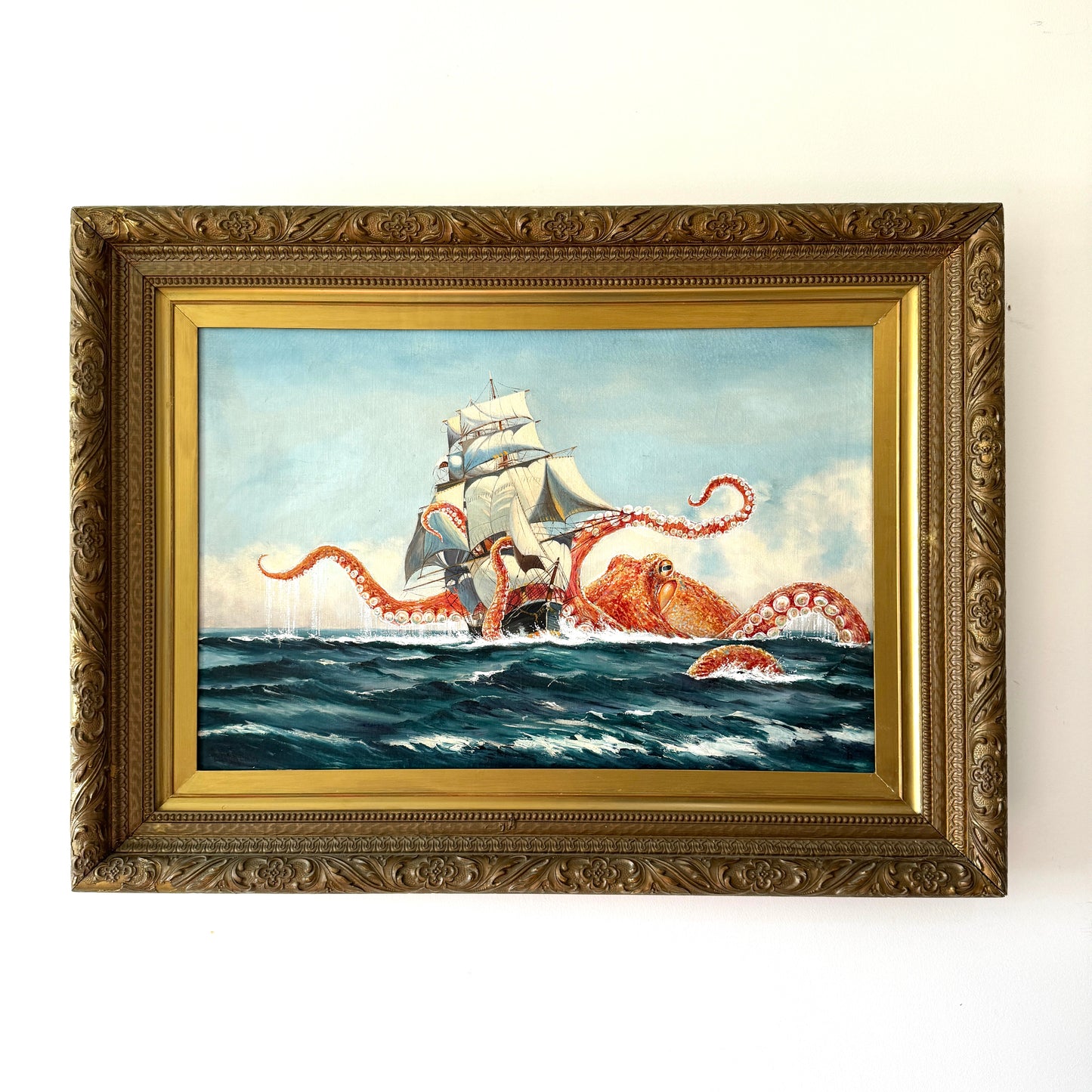 Octopus Vs The Harris, upcycled vintage painting