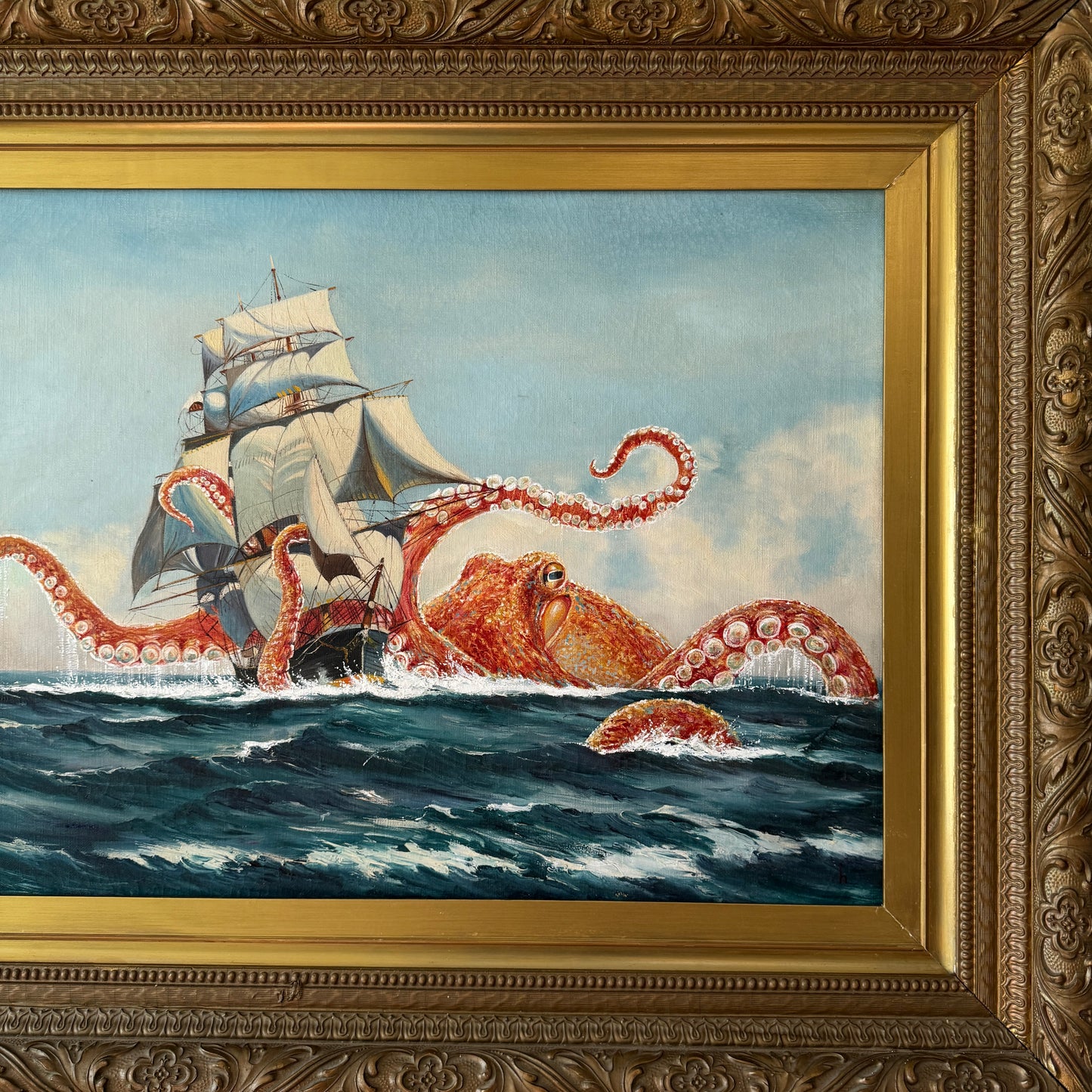 Octopus Vs The Harris, upcycled vintage painting