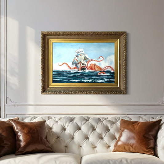 Octopus Vs The Harris, upcycled vintage painting