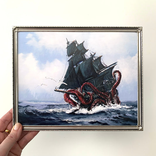 The Kraken Vs Ship - 8x10 PRINT in Vintage Brass Frame