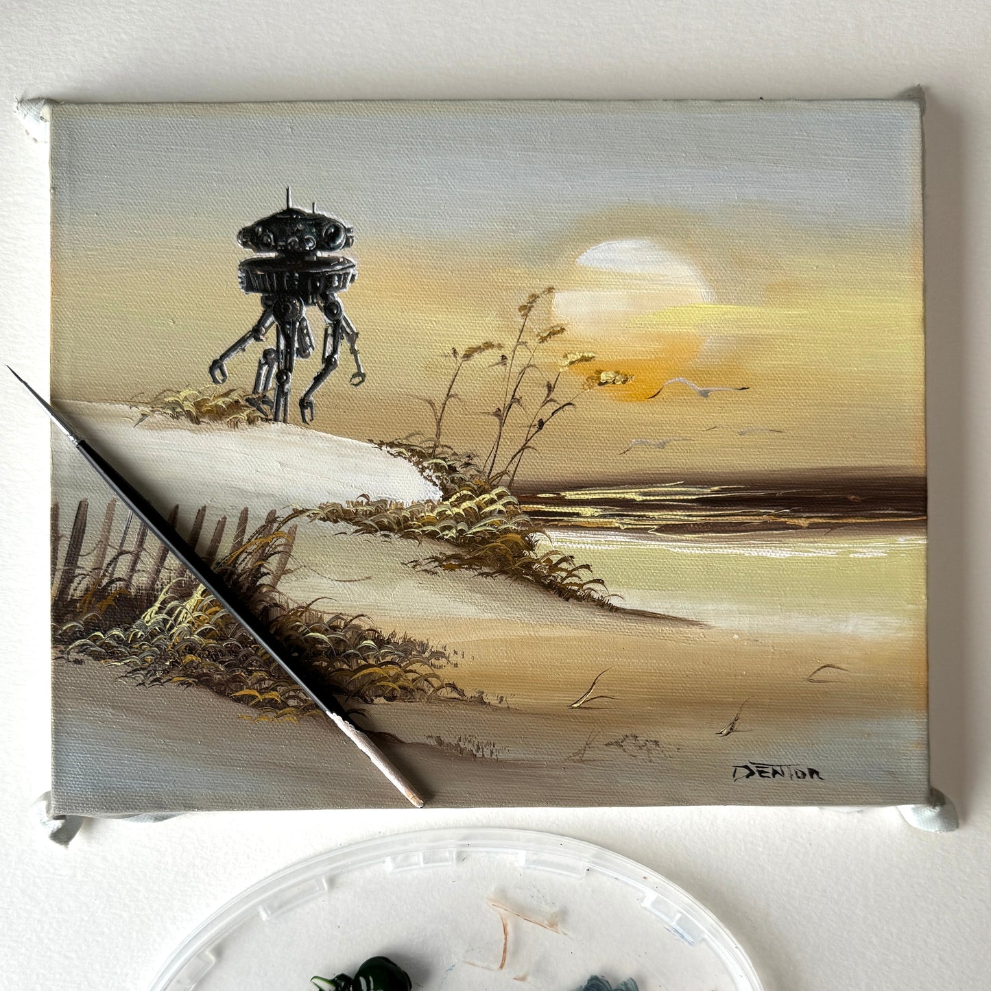 Beach Droid, upcycled vintage painting