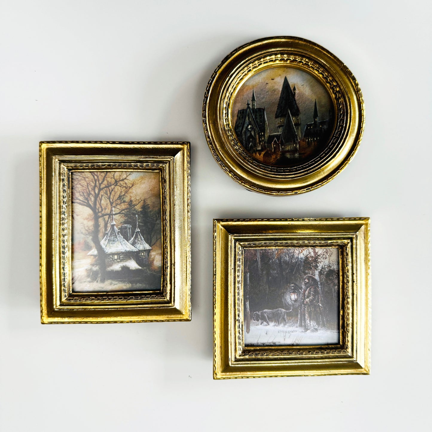 A Walk With Fang and Gamekeepers Hut - PRINT set in tiny gold frames OOAK Show