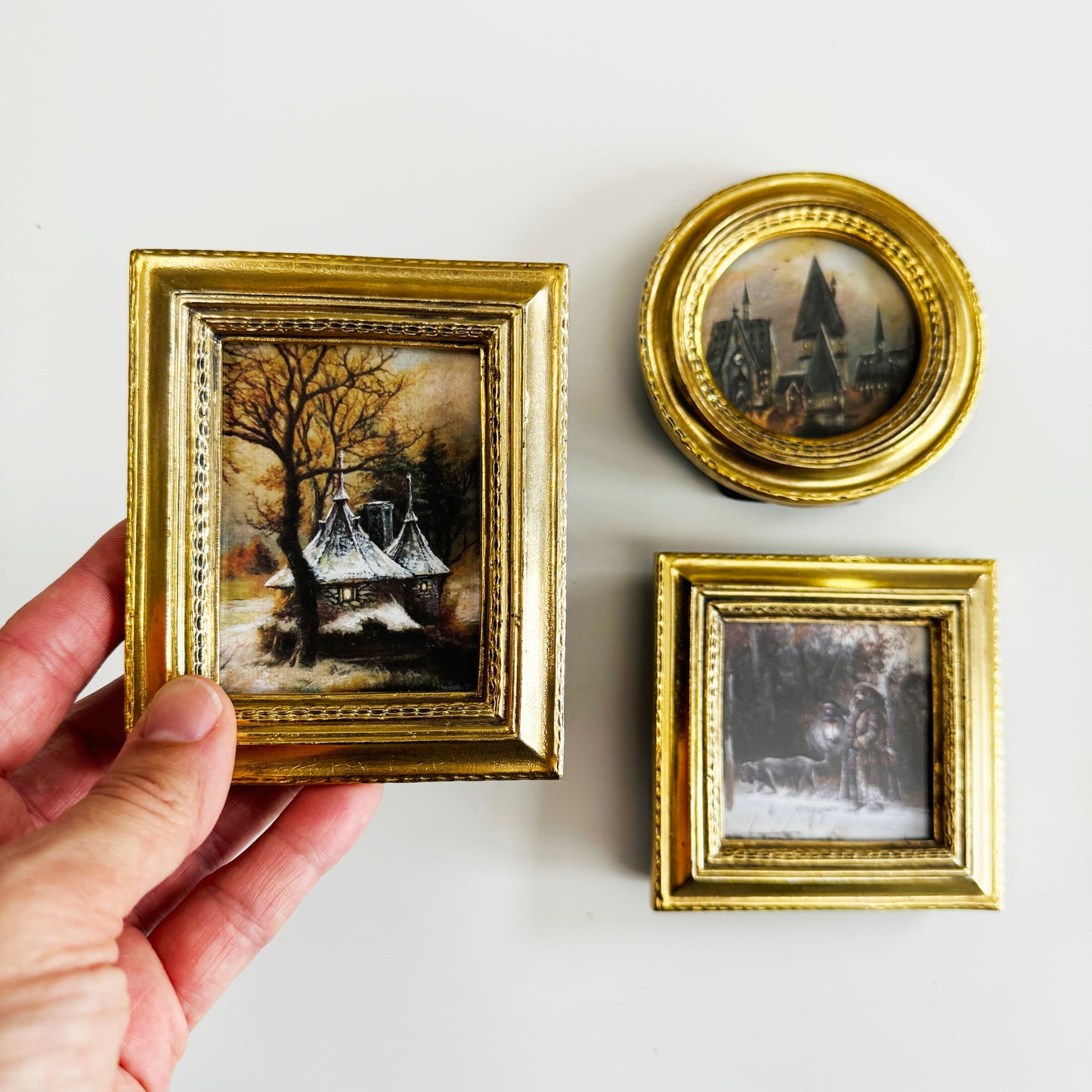 A Walk With Fang and Gamekeepers Hut - PRINT set in tiny gold frames OOAK Show