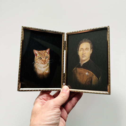 My Cat and I - PRINT in Vintage Brass Folding Frame