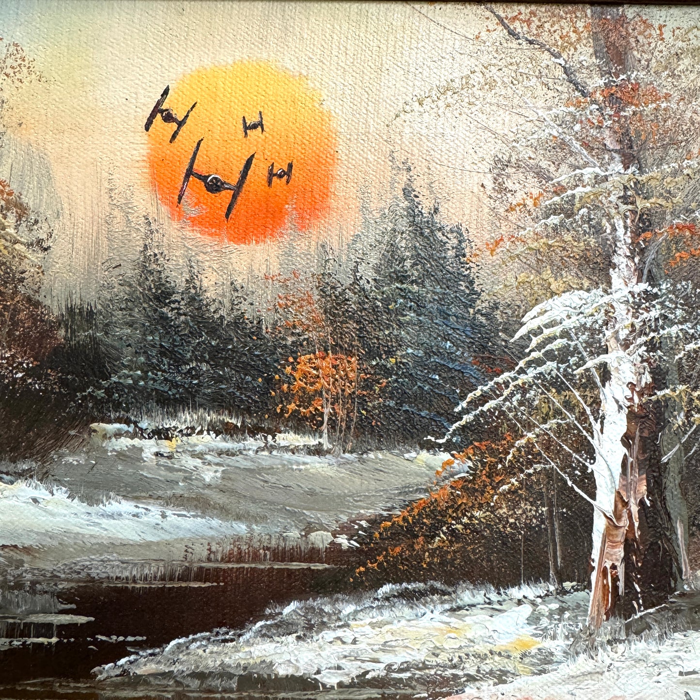 Red Sun Tie Fighters - original upcycled vintage painting OOAK Show