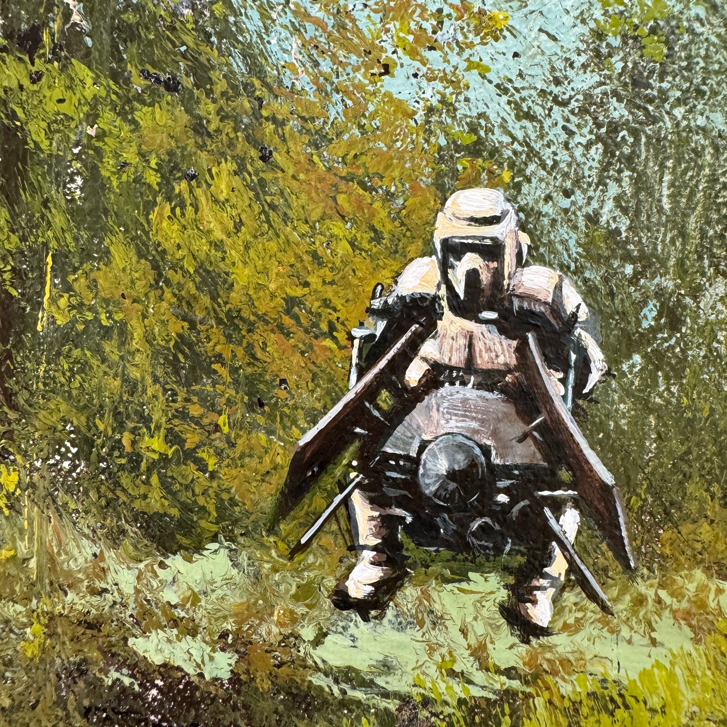 Speeder on Sanctuary Moon, upcycled vintage painting