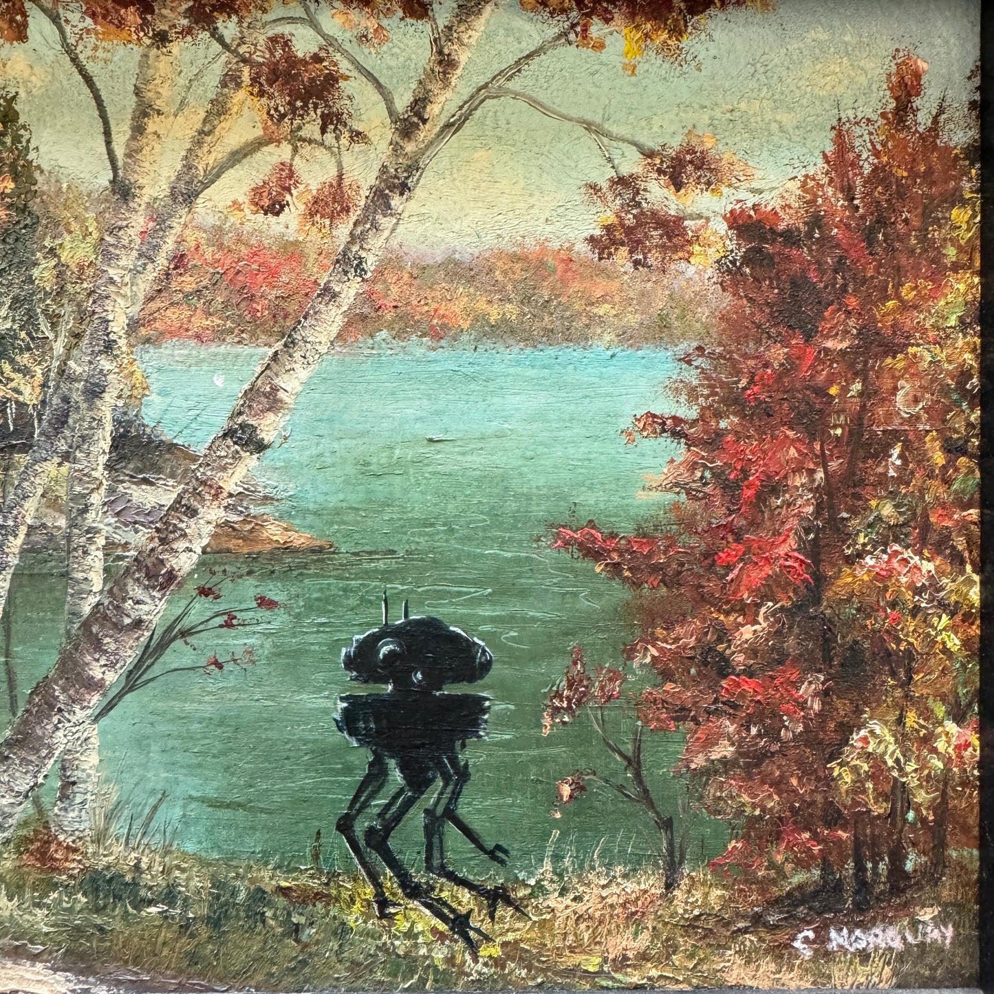 Lake Droid, upcycled vintage painting