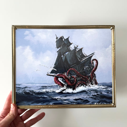 The Kraken Vs Ship - 8x10 PRINT in Brass Frame