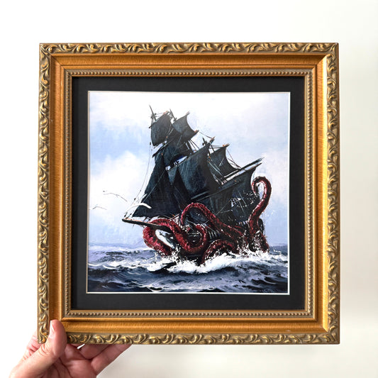The Kraken Vs Ship - PRINT in Gold frame