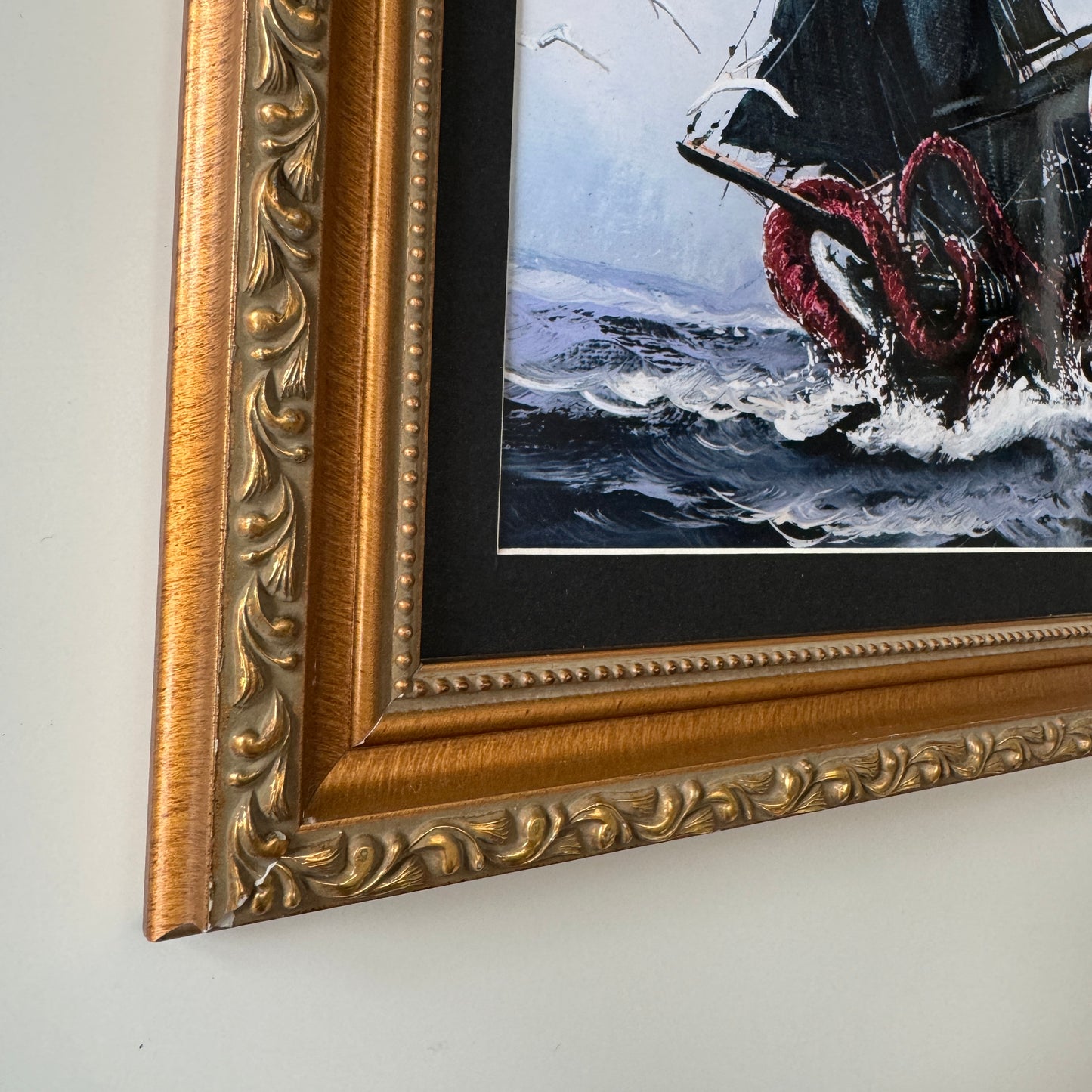 The Kraken Vs Ship - PRINT in Gold frame