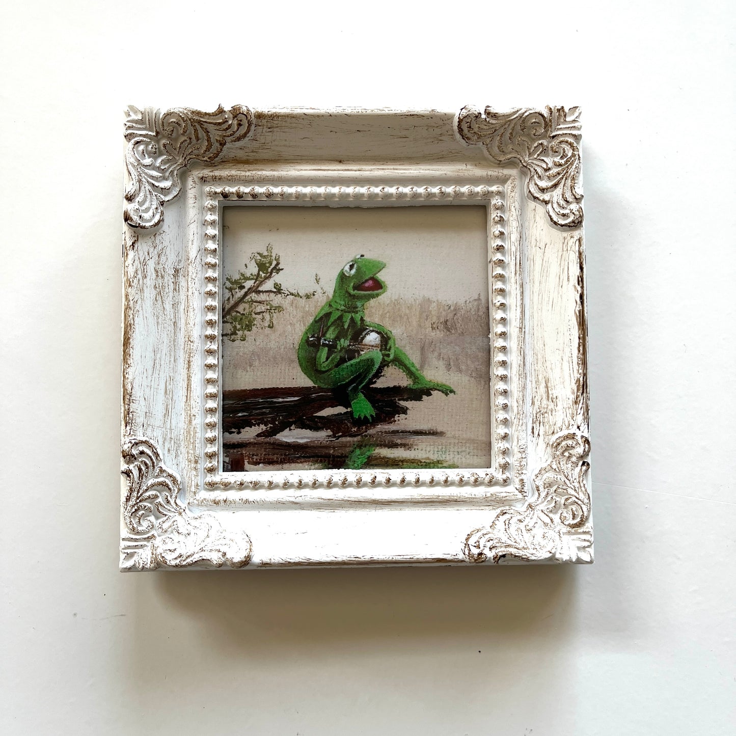 Frog on a Log in a Bog - PRINT in White Frame