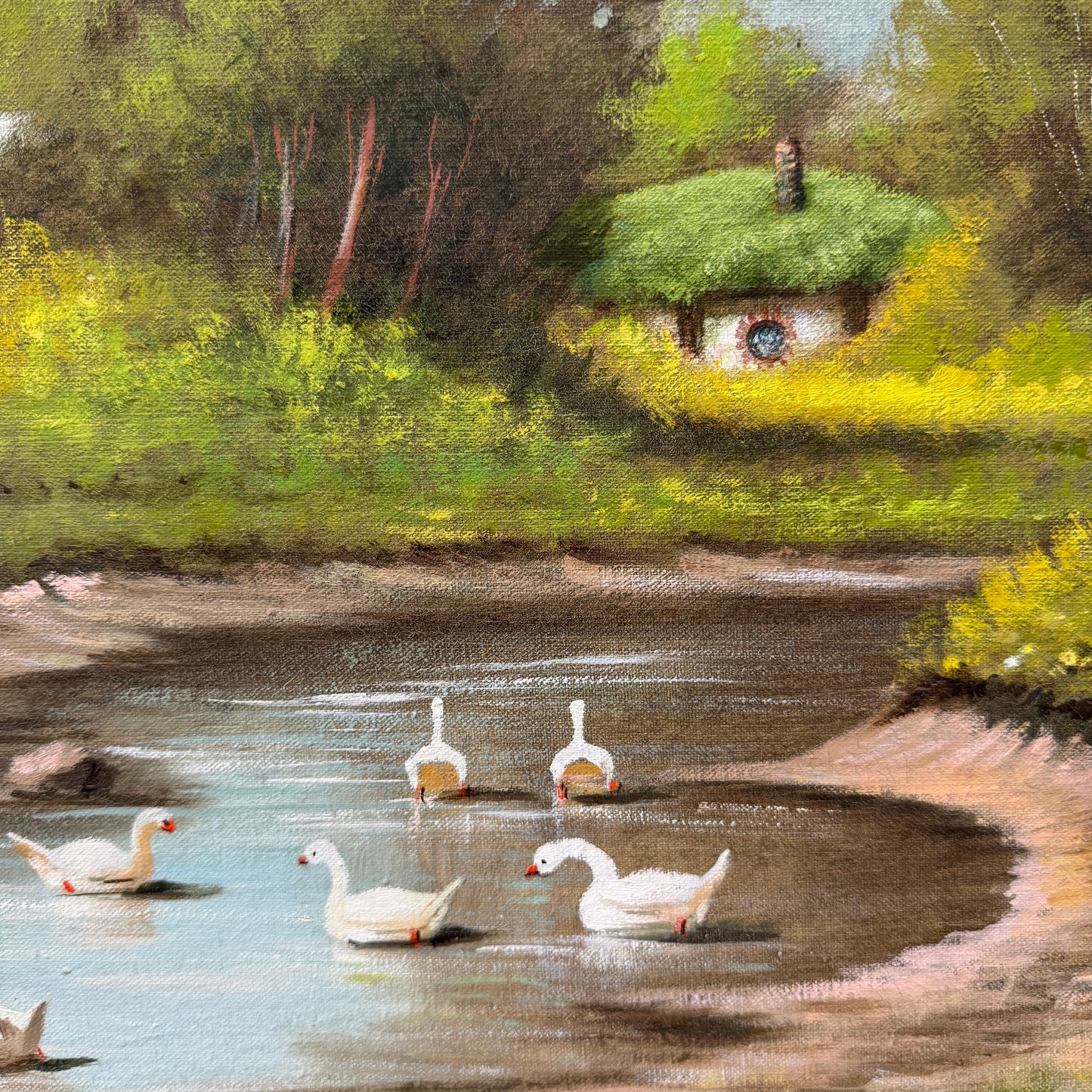 Birding Creeps Up On You, original upcycled vintage painting