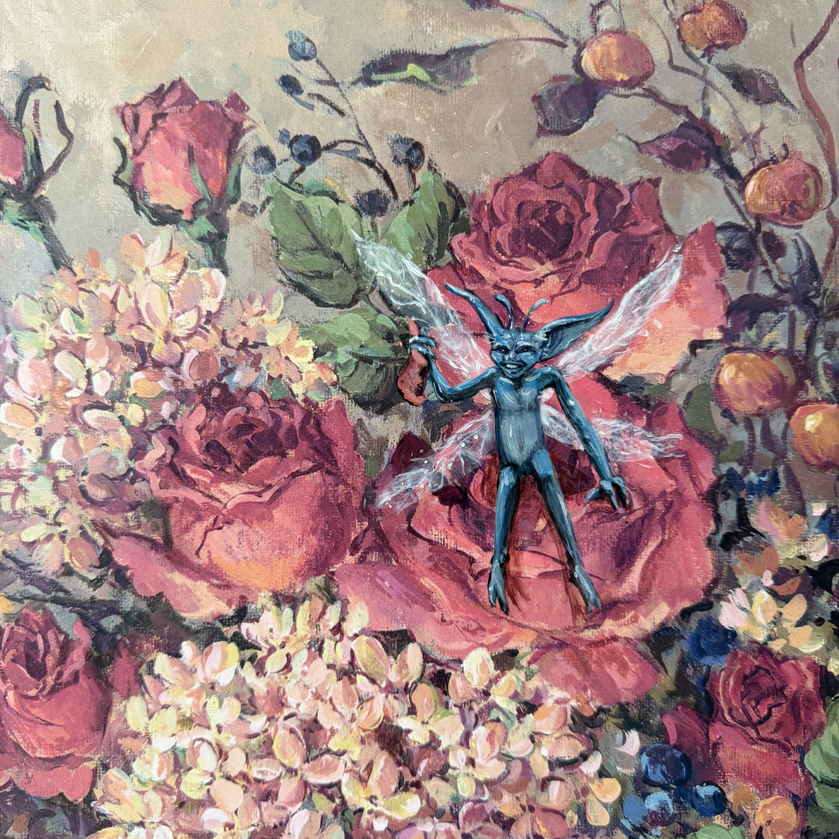 Cheeky Pixies, original upcycled vintage painting
