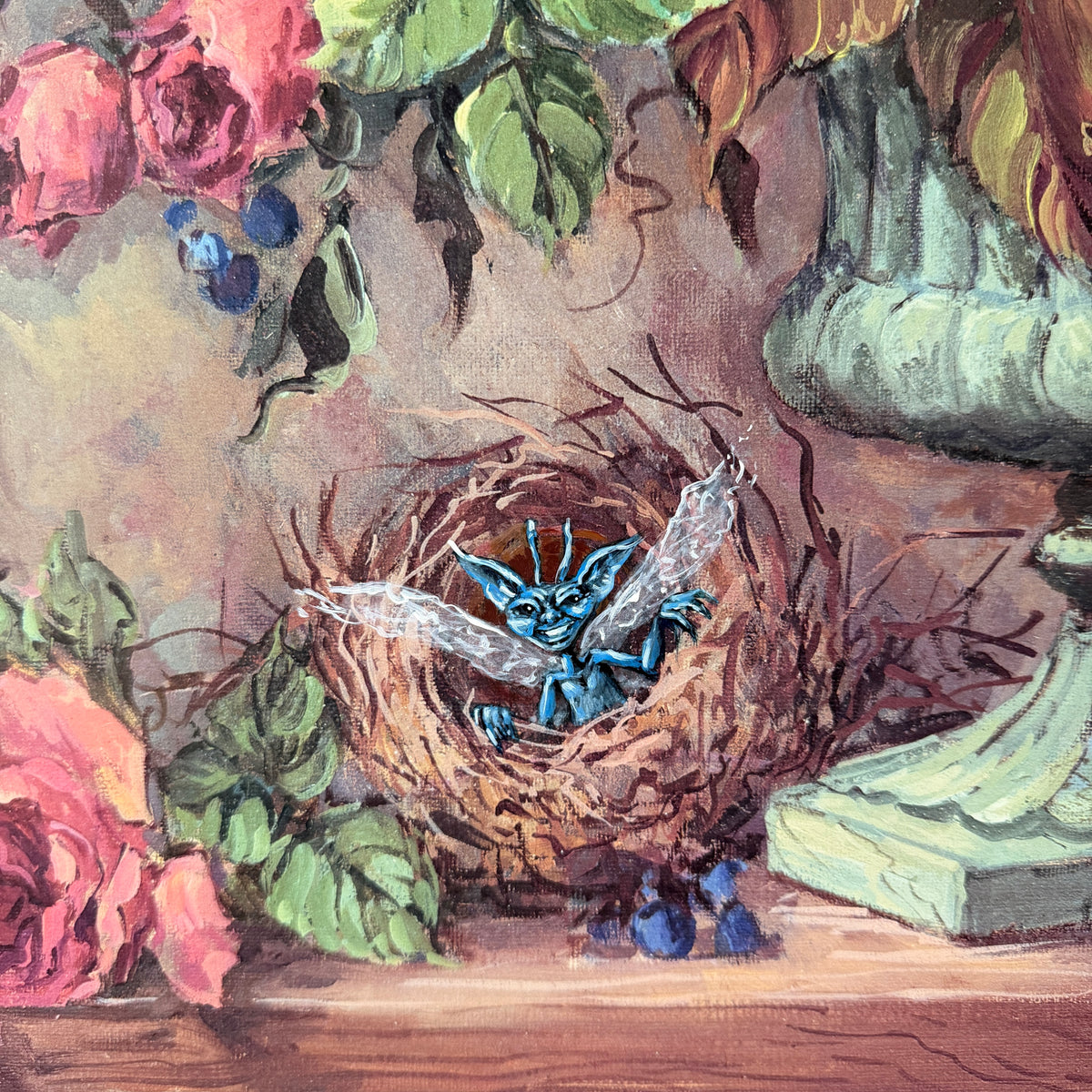 Cheeky Pixies, original upcycled vintage painting