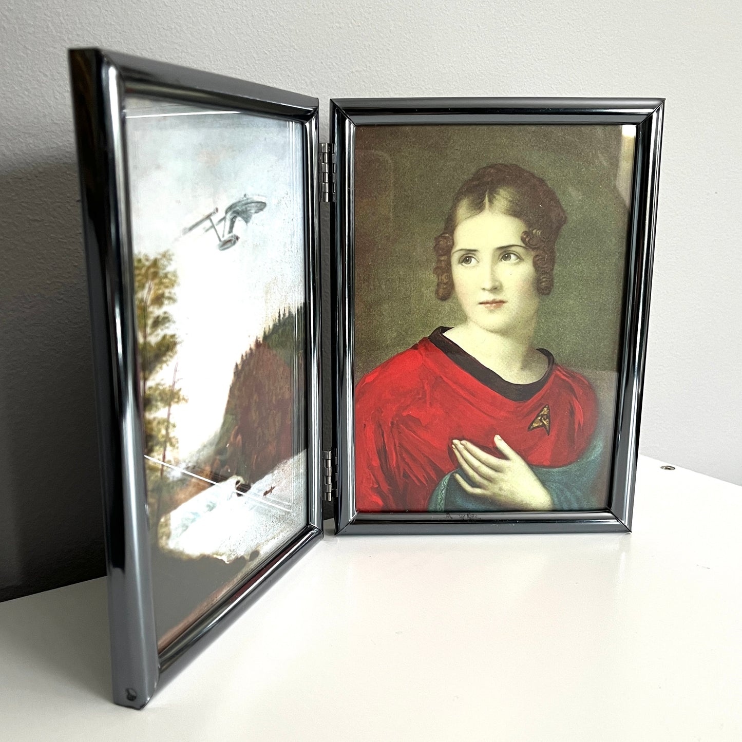 Boldly Go & Red Shirt Ensign Bonaparte - PRINT in Reclaimed Folding Portrait Frame, Gunmetal