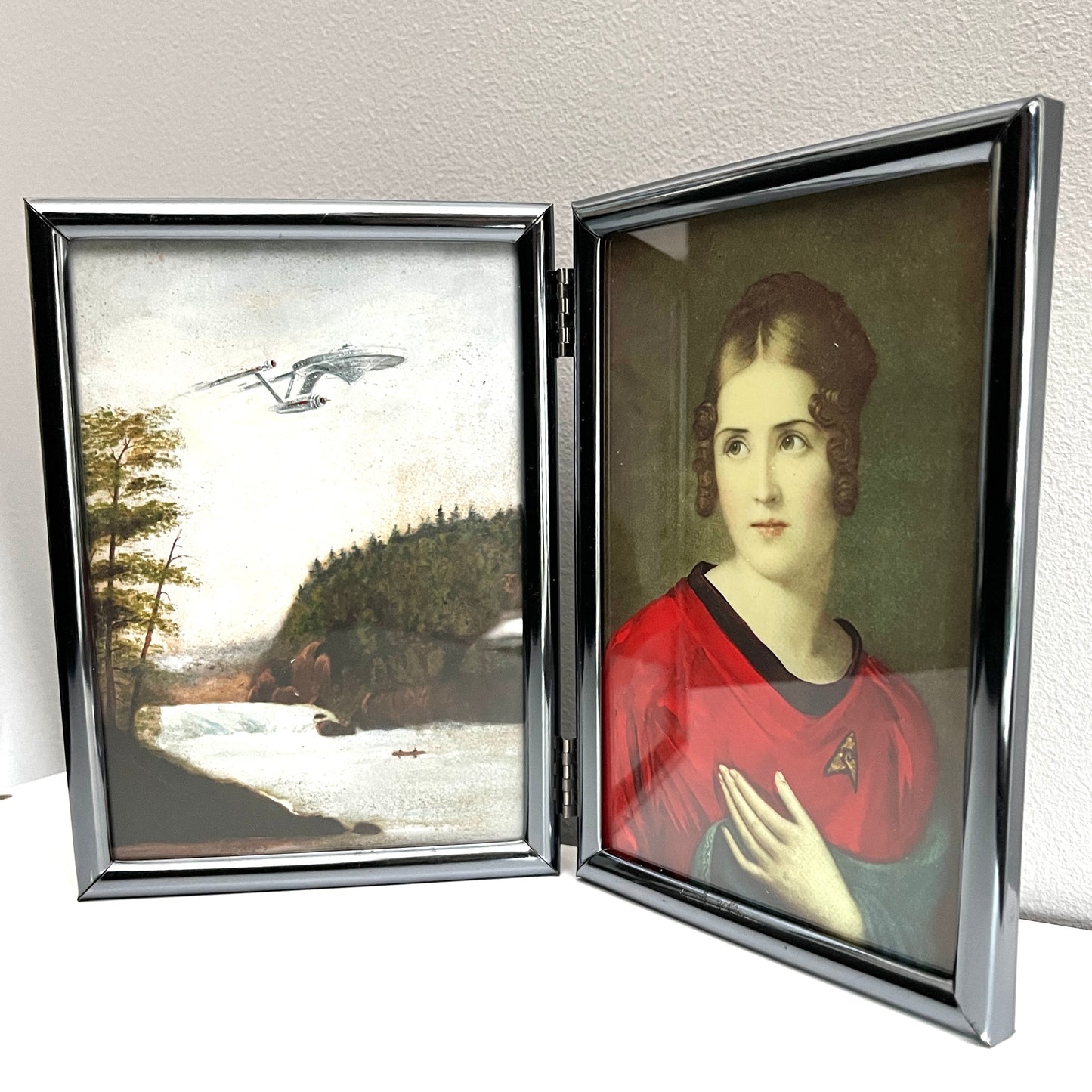 Boldly Go & Red Shirt Ensign Bonaparte - PRINT in Reclaimed Folding Portrait Frame, Gunmetal