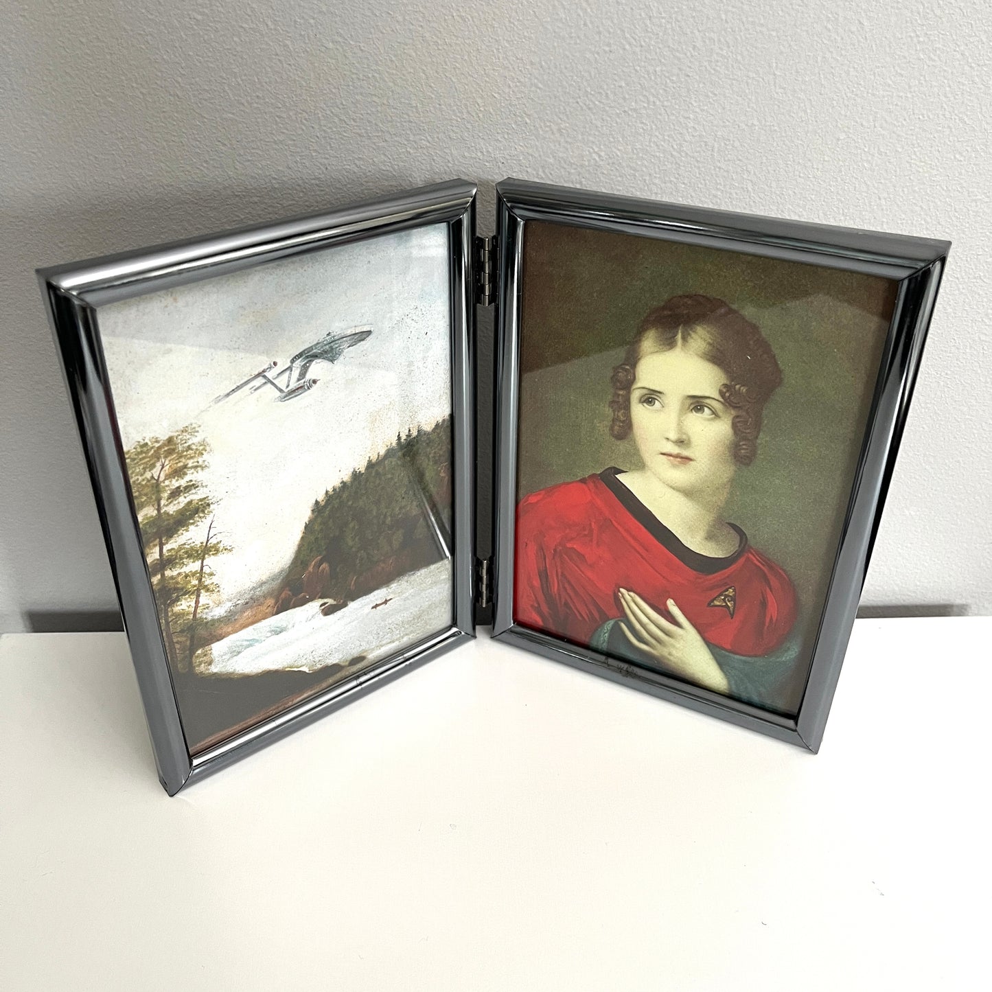 Boldly Go & Red Shirt Ensign Bonaparte - PRINT in Reclaimed Folding Portrait Frame, Gunmetal