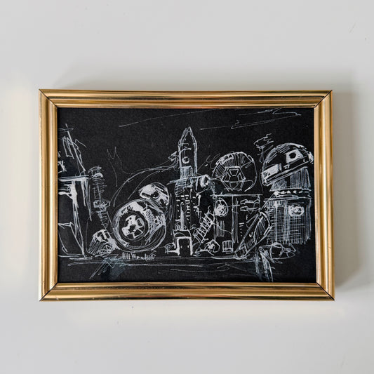 Portrait of a Droid : scrap parts no.1, ink study on vintage paper