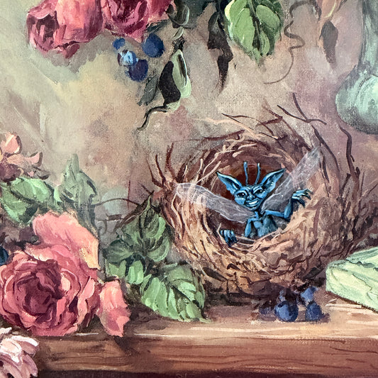Cheeky Pixies, original upcycled vintage painting