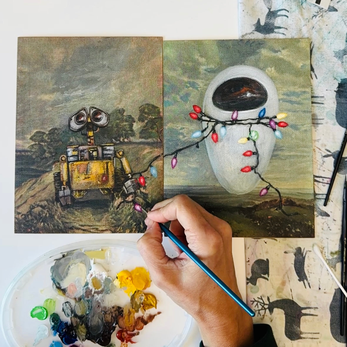 Holding Hands : Part 1, original upcycled vintage painting diptych