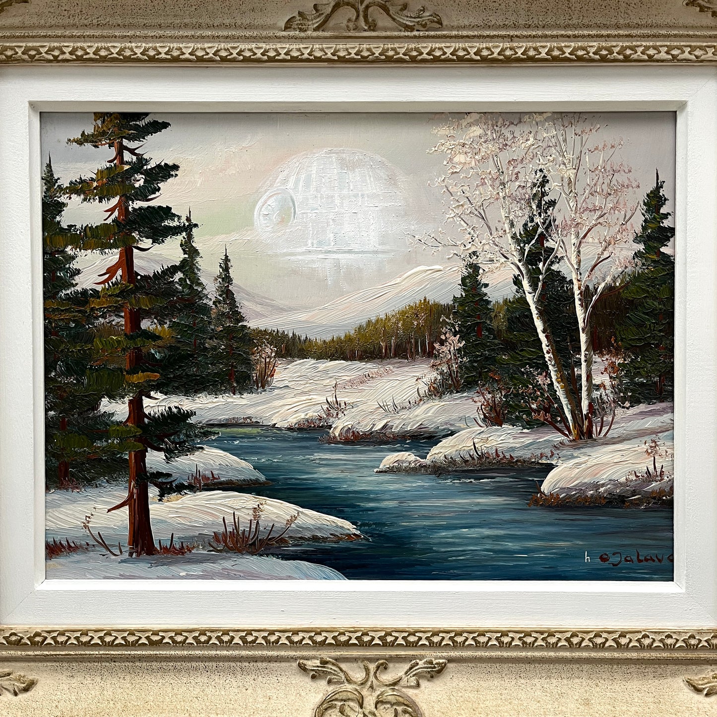 Winter Death Star, upcycled vintage painting