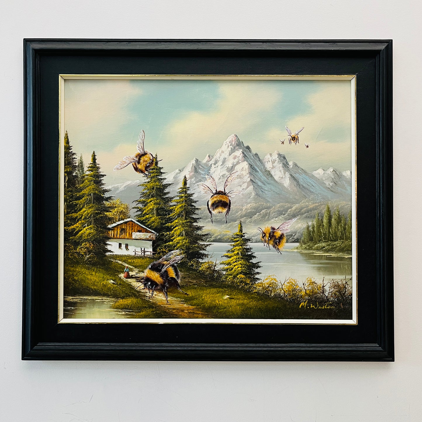 Bumblebee Cottage - upcycled vintage painting