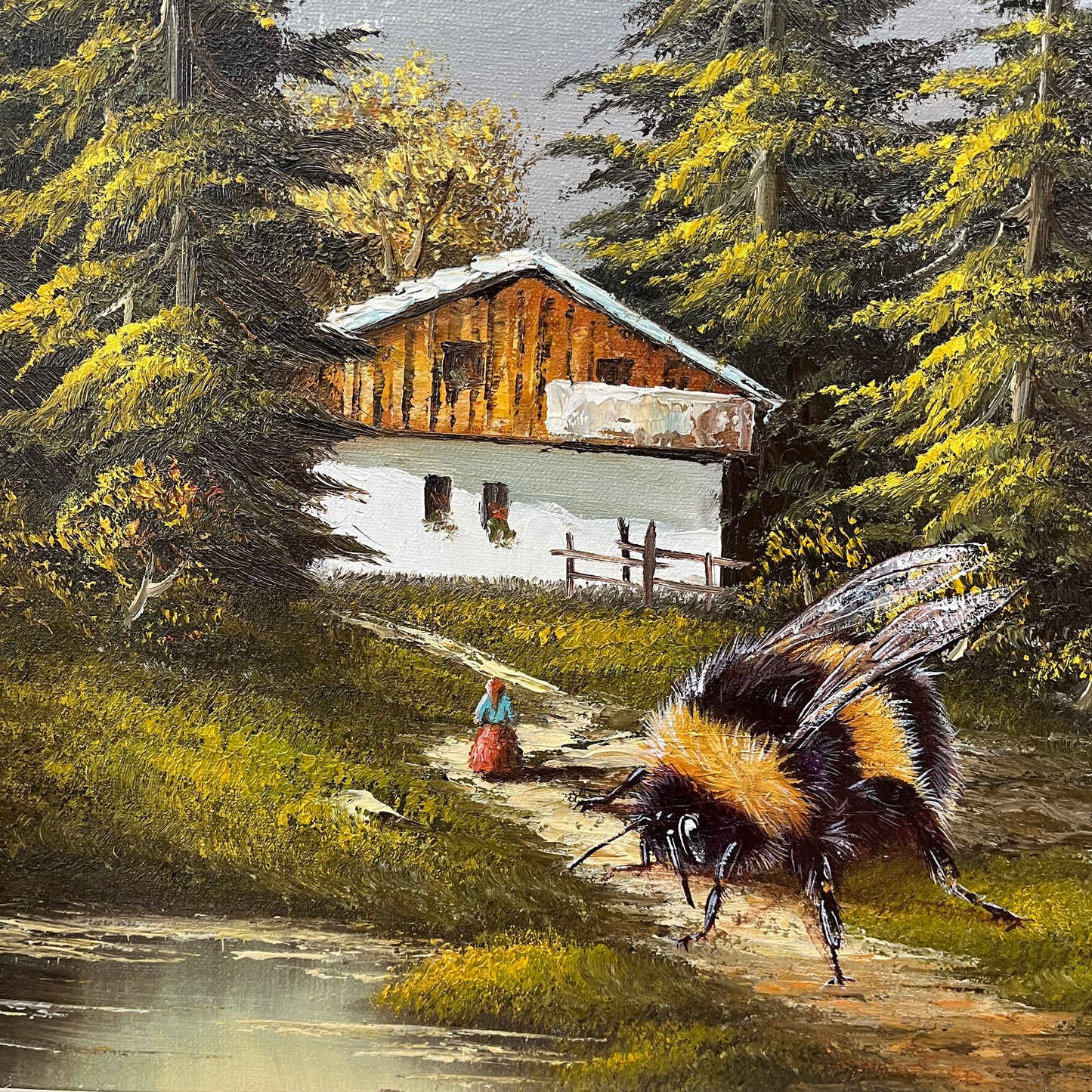 Bumblebee Cottage - upcycled vintage painting