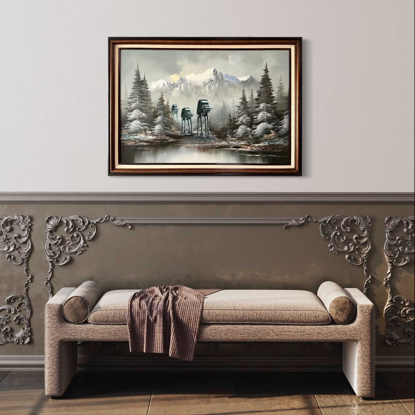 Walkers in a Winter Wonderland, upcycled vintage painting