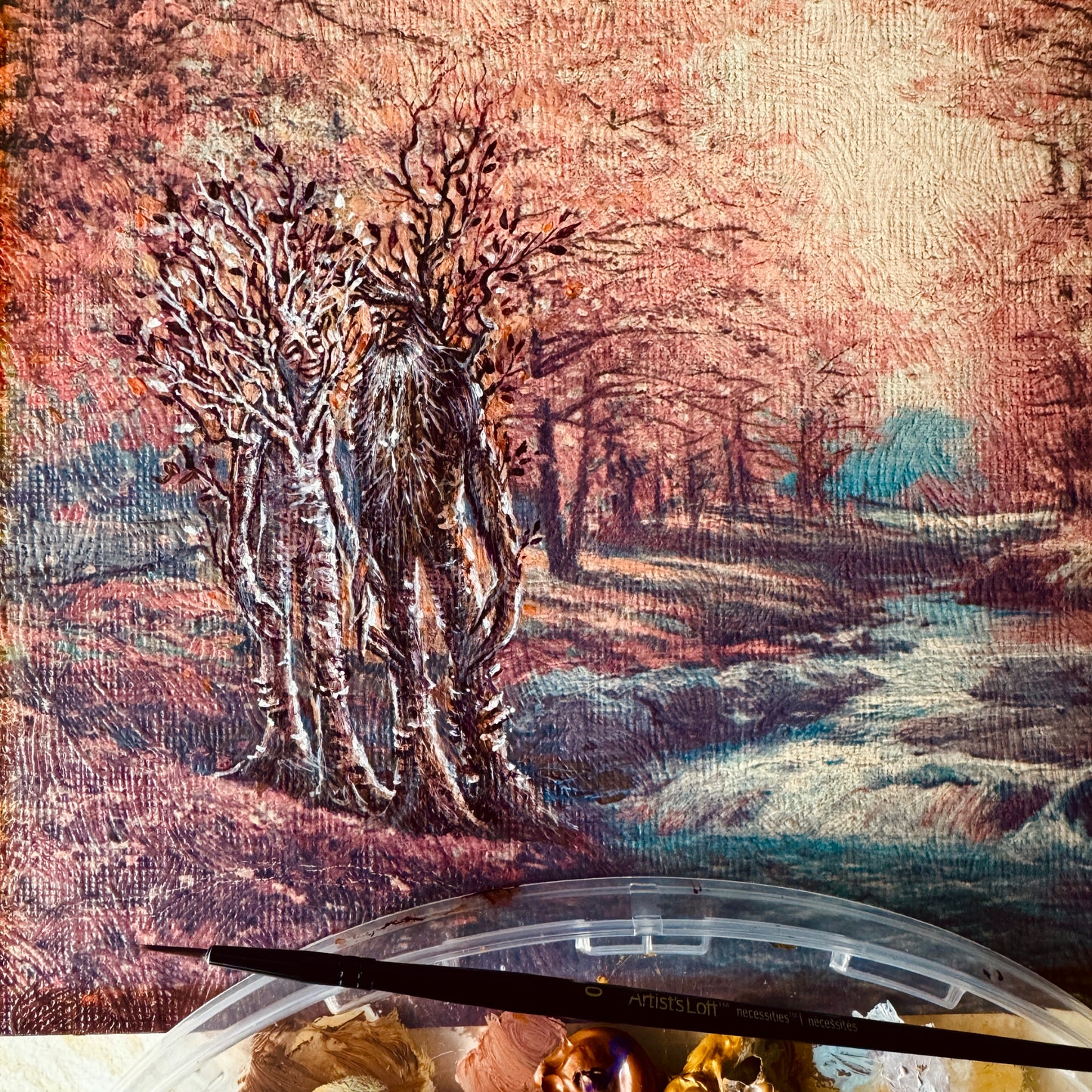 The Young Couple - study of tree herders, acrylic on vintage print