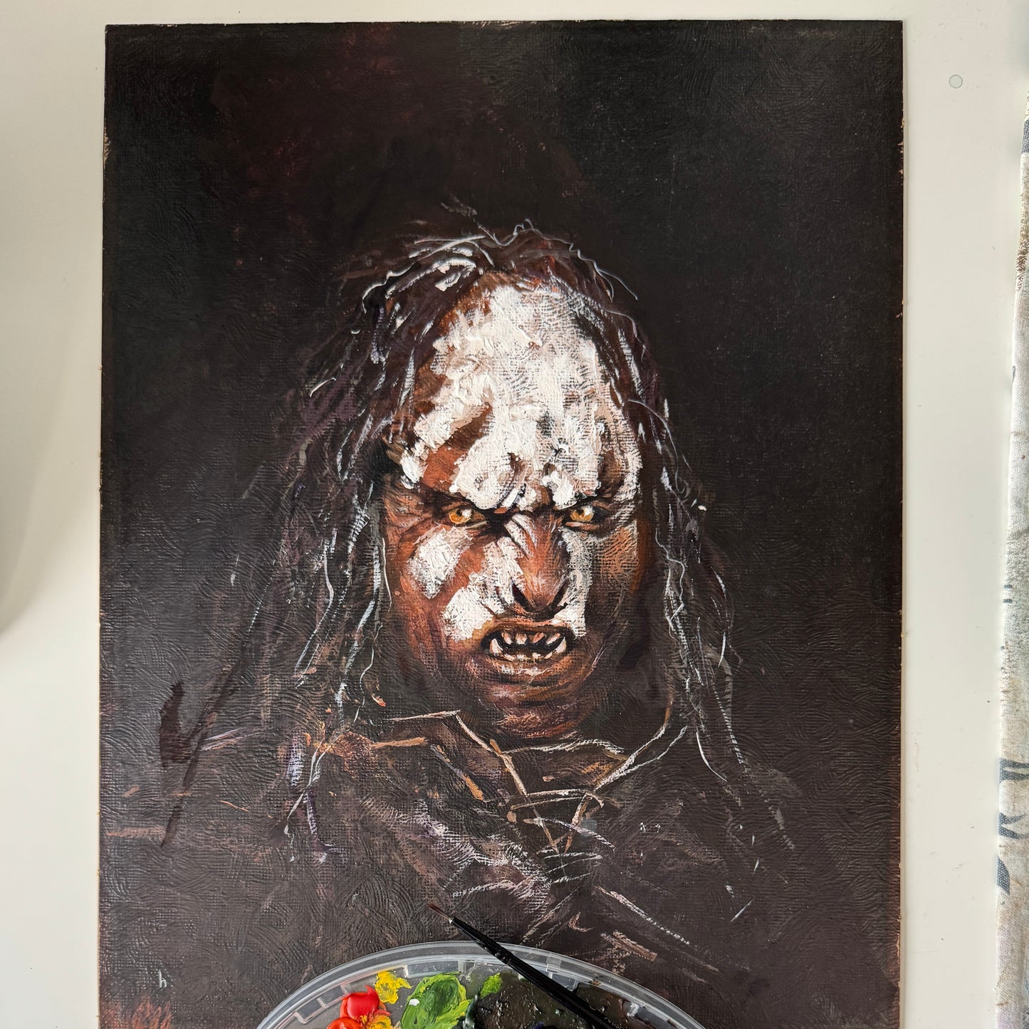 Portrait of Uruk-hai fighter - original upcycled vintage painting