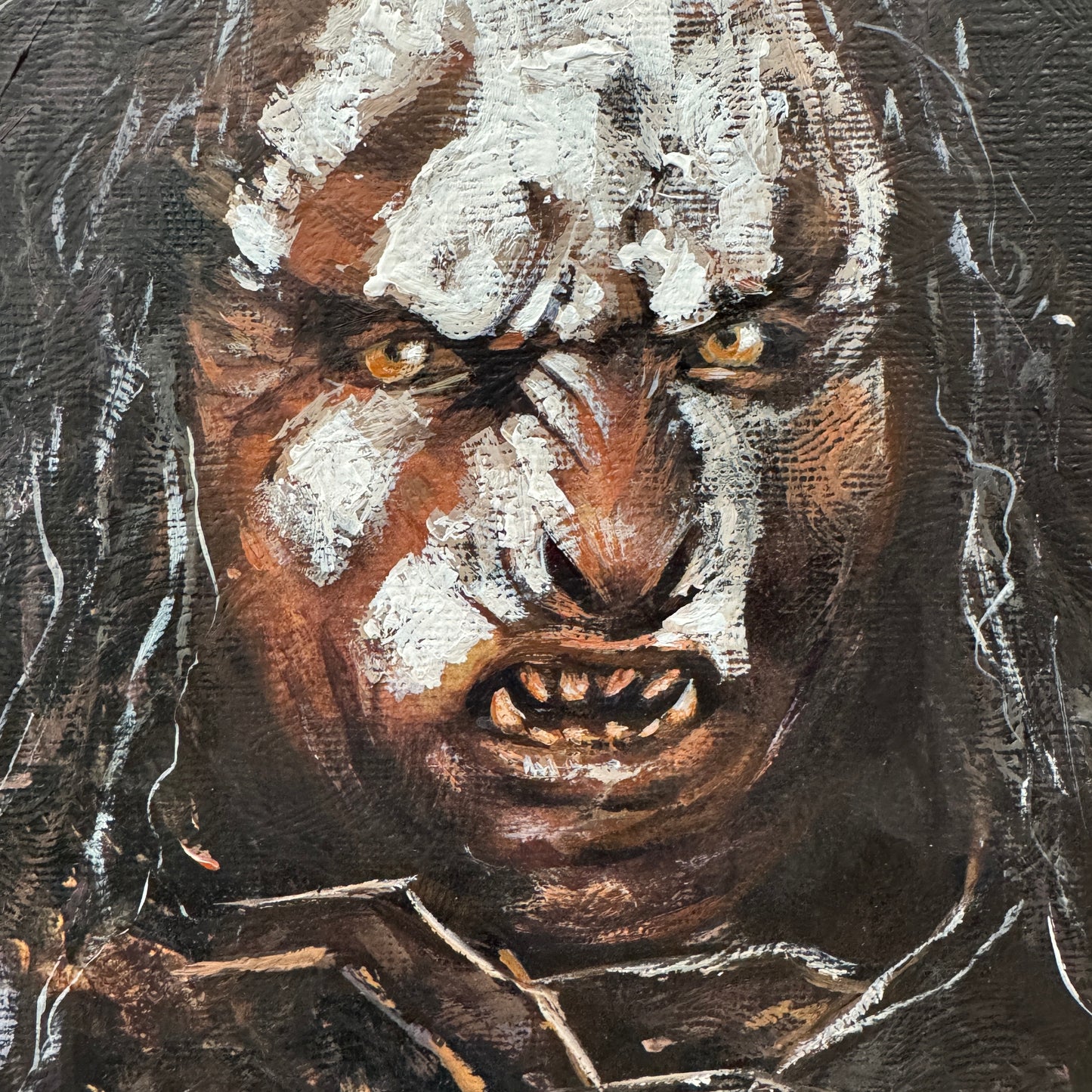 Portrait of Uruk-hai fighter - original upcycled vintage painting