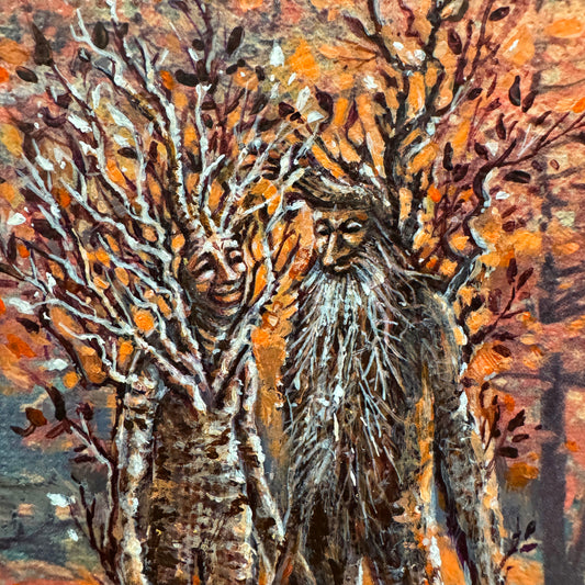 The Young Couple - study of tree herders, acrylic on vintage print