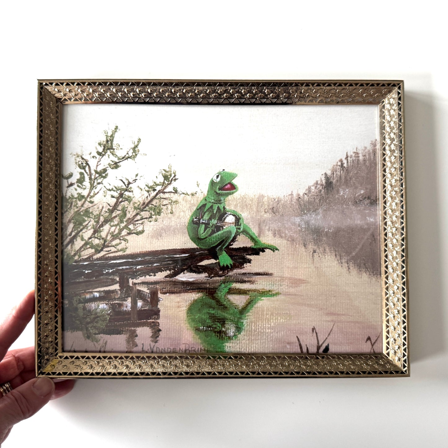 Frog On A Log  - PRINT 8x10 in brass frame