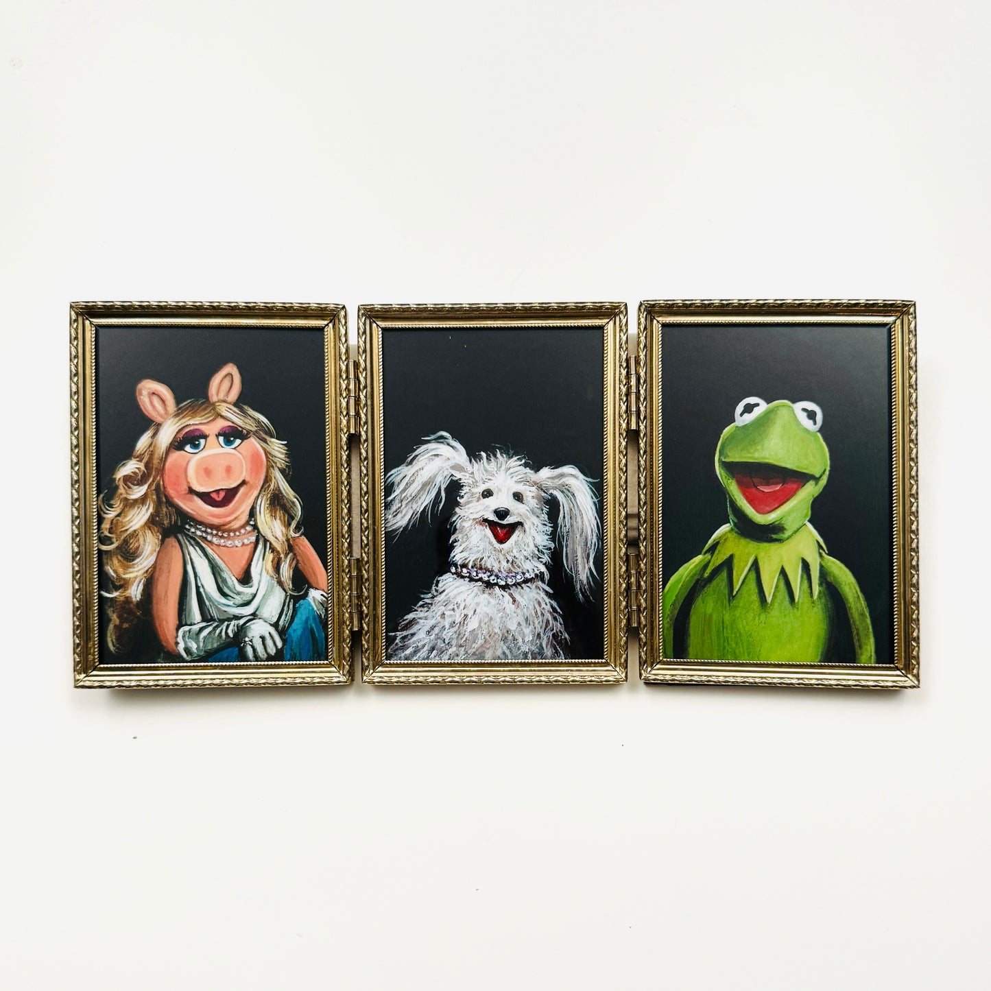 THE Frog, Pig and Dog - PRINT 5x7 trio in vintage brass frame