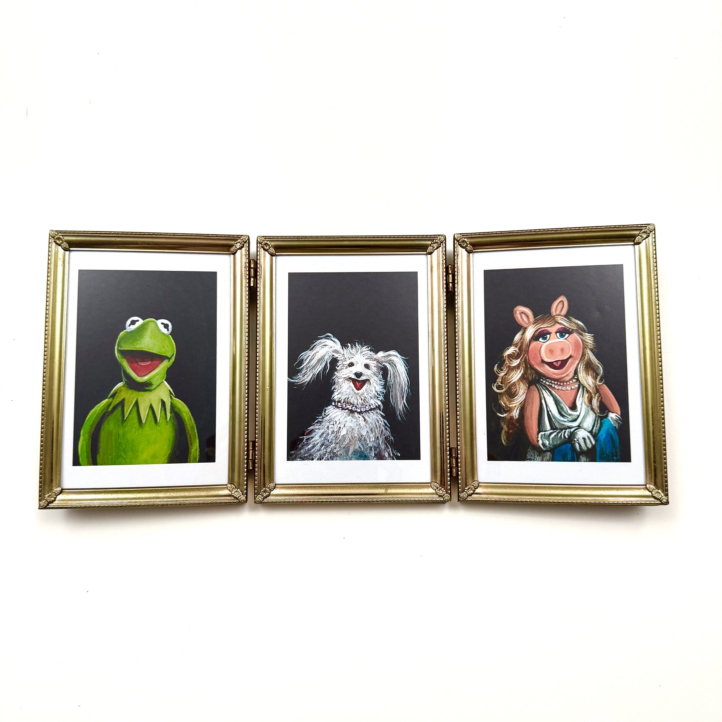 THE Frog, Pig and Dog - PRINT 3.5 x 5  trio in vintage brass frame