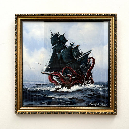 The Kraken Vs Ship - PRINT 20x20 in vintage gold frame OOAK Show