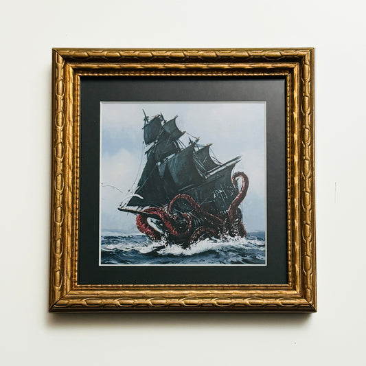 The Kraken Vs Ship - PRINT 5x5 in antique gold frame OOAK Show