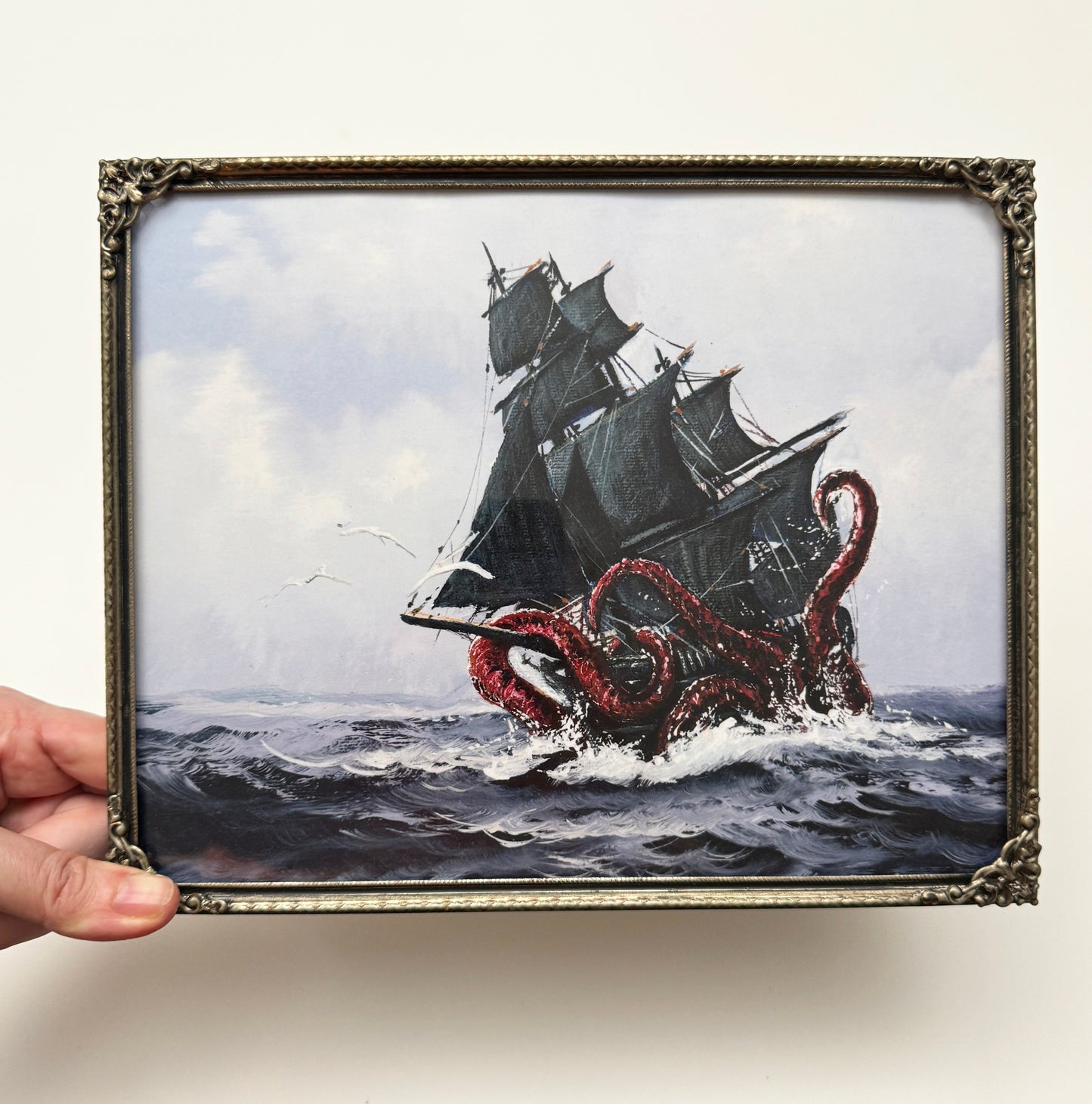 The Kraken Vs Ship - PRINT 8x10 in antique brass frame, OOAK Show