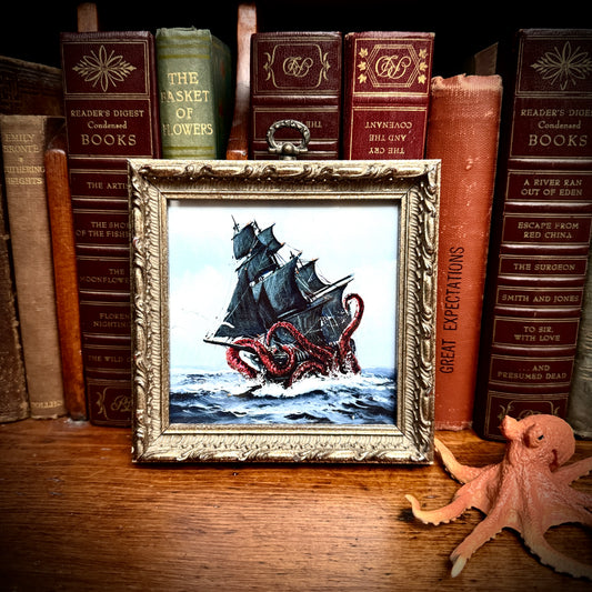 The Kraken Vs Ship - PRINT 5x5 in reclaimed frame