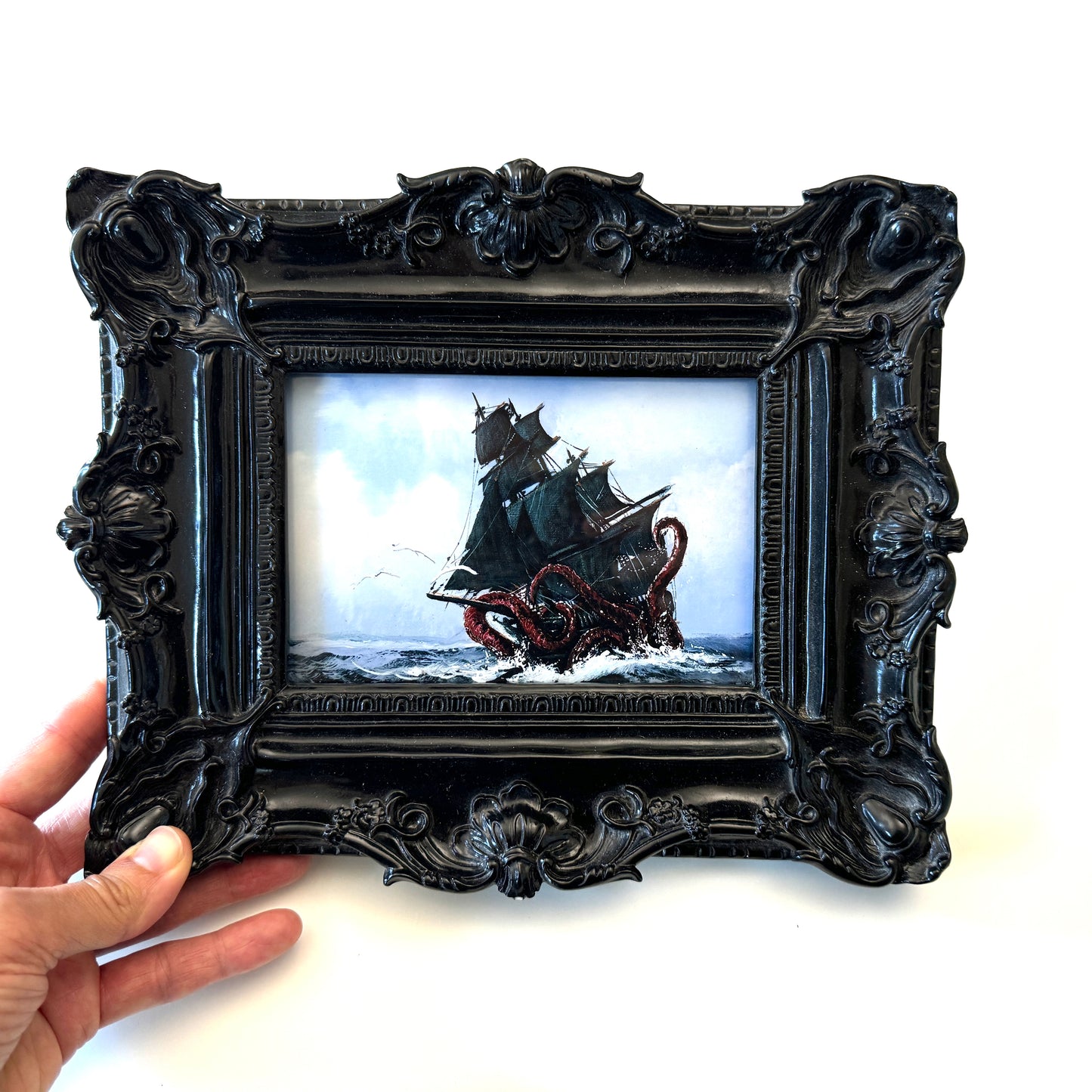 The Kraken Vs Ship - PRINT 4x6 in ornate black frame OOAK Show