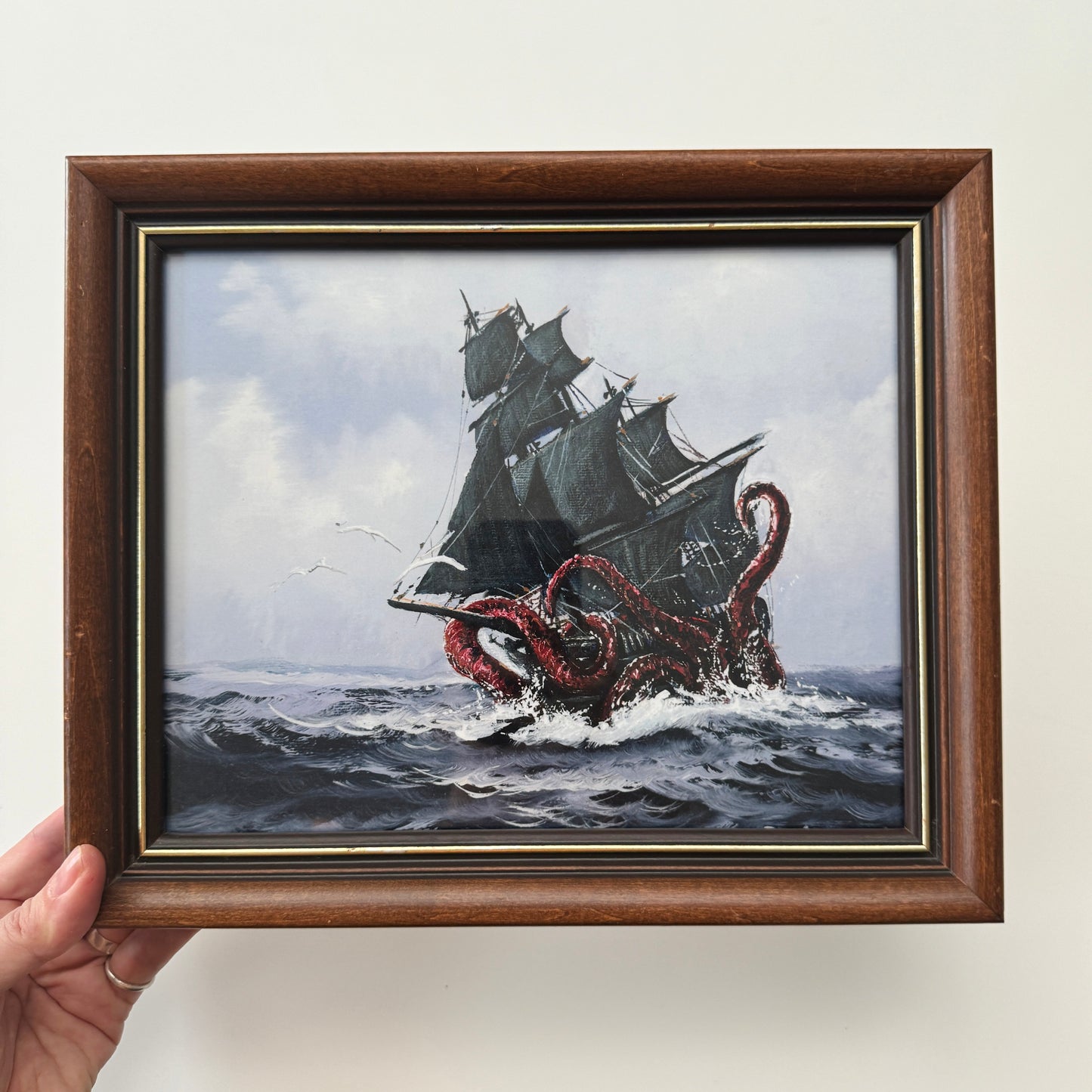 The Kraken Vs Ship - PRINT 8x10 in reclaimed frame