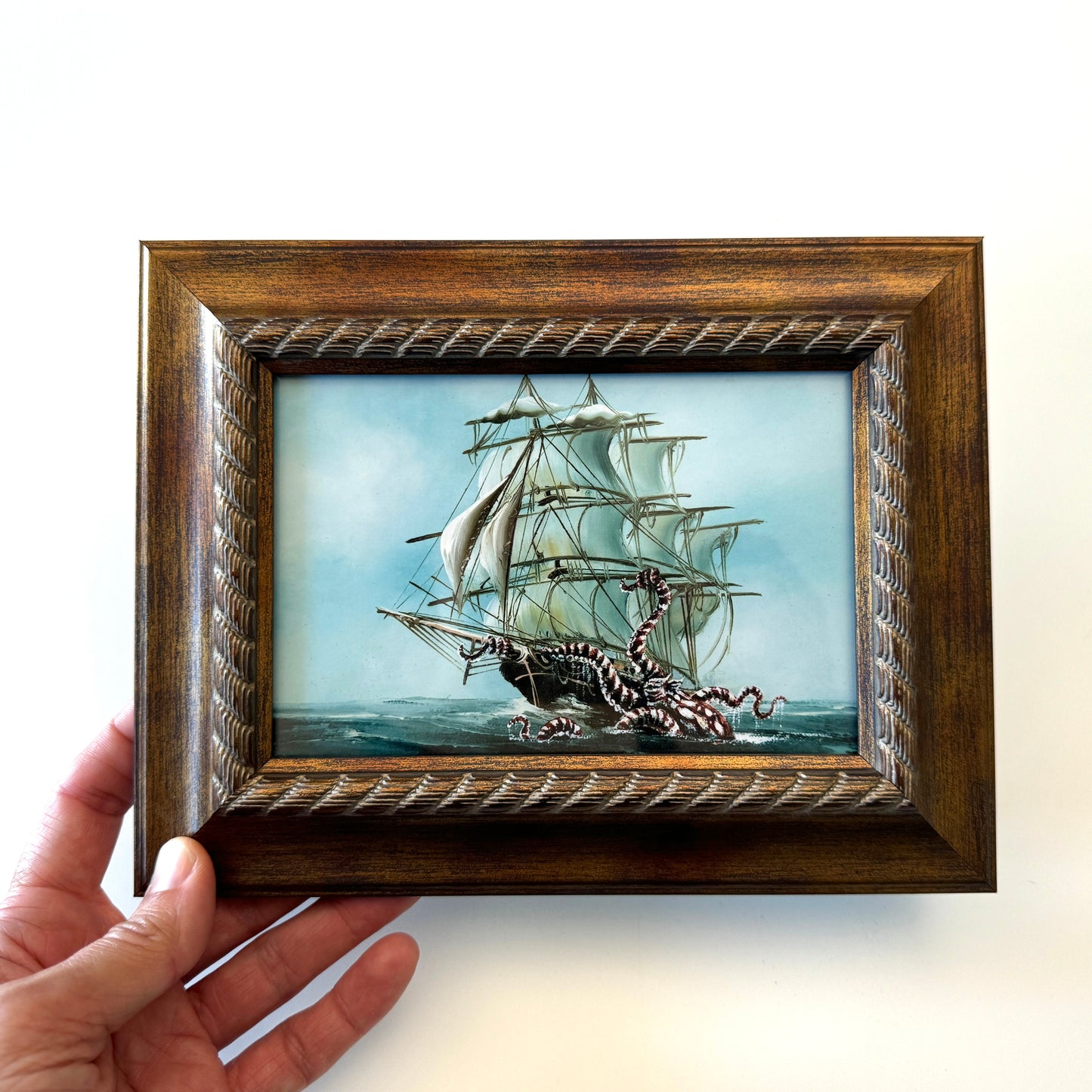 Octopus Vs Ship : Mimic Octopus - PRINT 4x6 in wood frame, OOAK Show