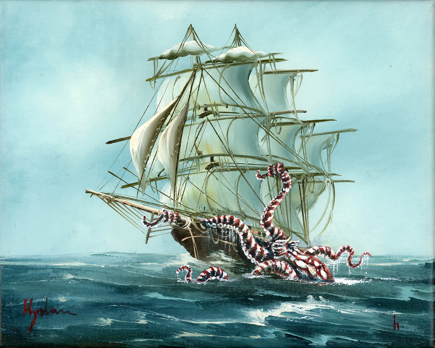 Octopus vs Ship : Thaumoctopus Mimicus, original mixed media painting