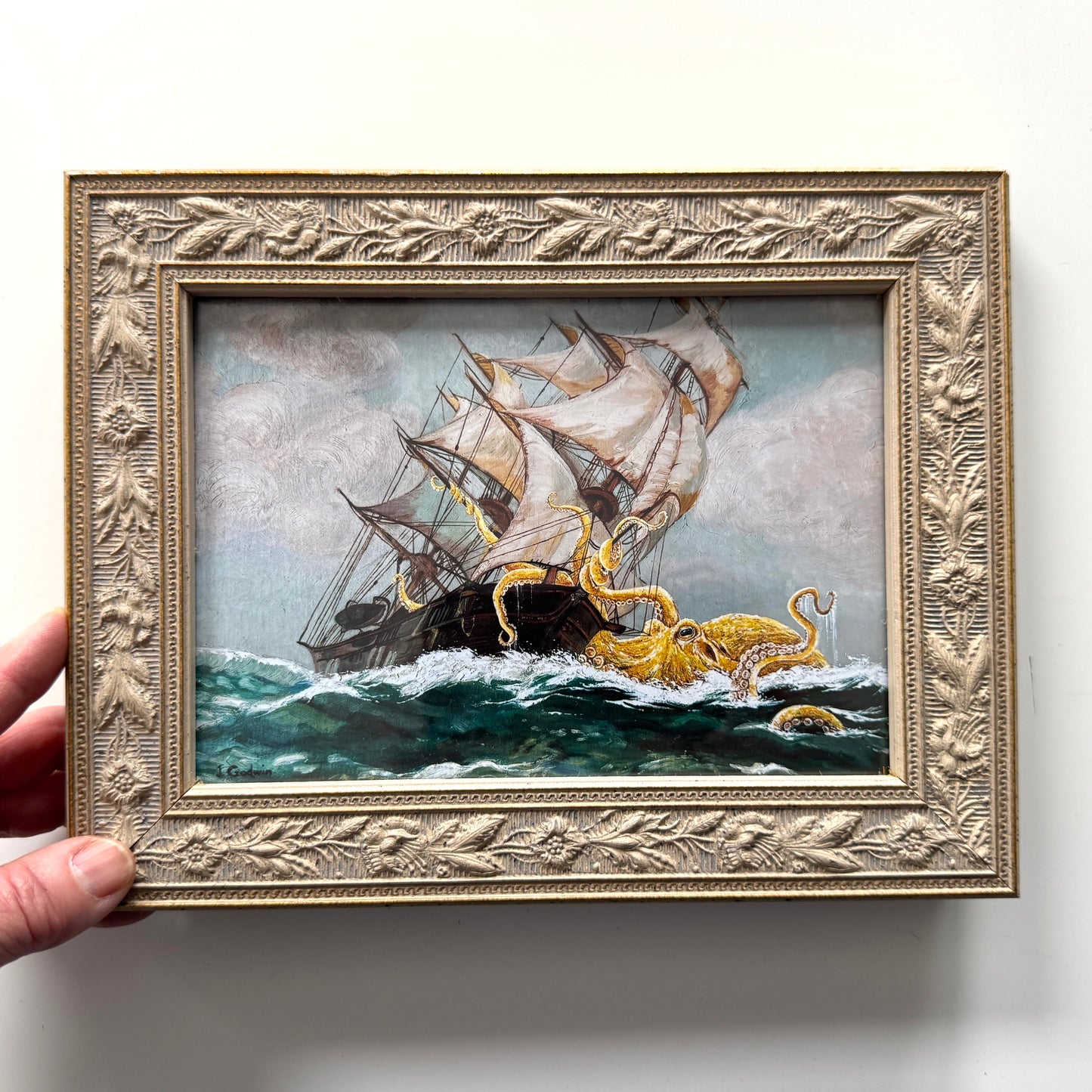 Octopus Vs Ship : Old Yeller - PRINT 5x7 in ornate frame