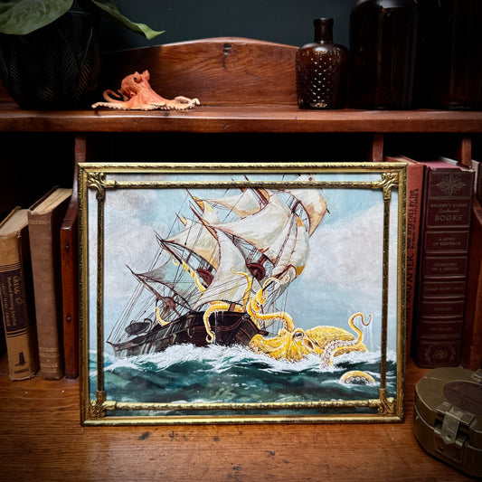 Octopus Vs Ship : Old Yeller - PRINT 8x10 in brass frame